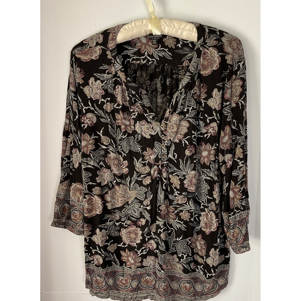 Lucky Brand Womens 3X Floral Henley Blouse Black Boho 3/4 Sleeve Plus Size Top